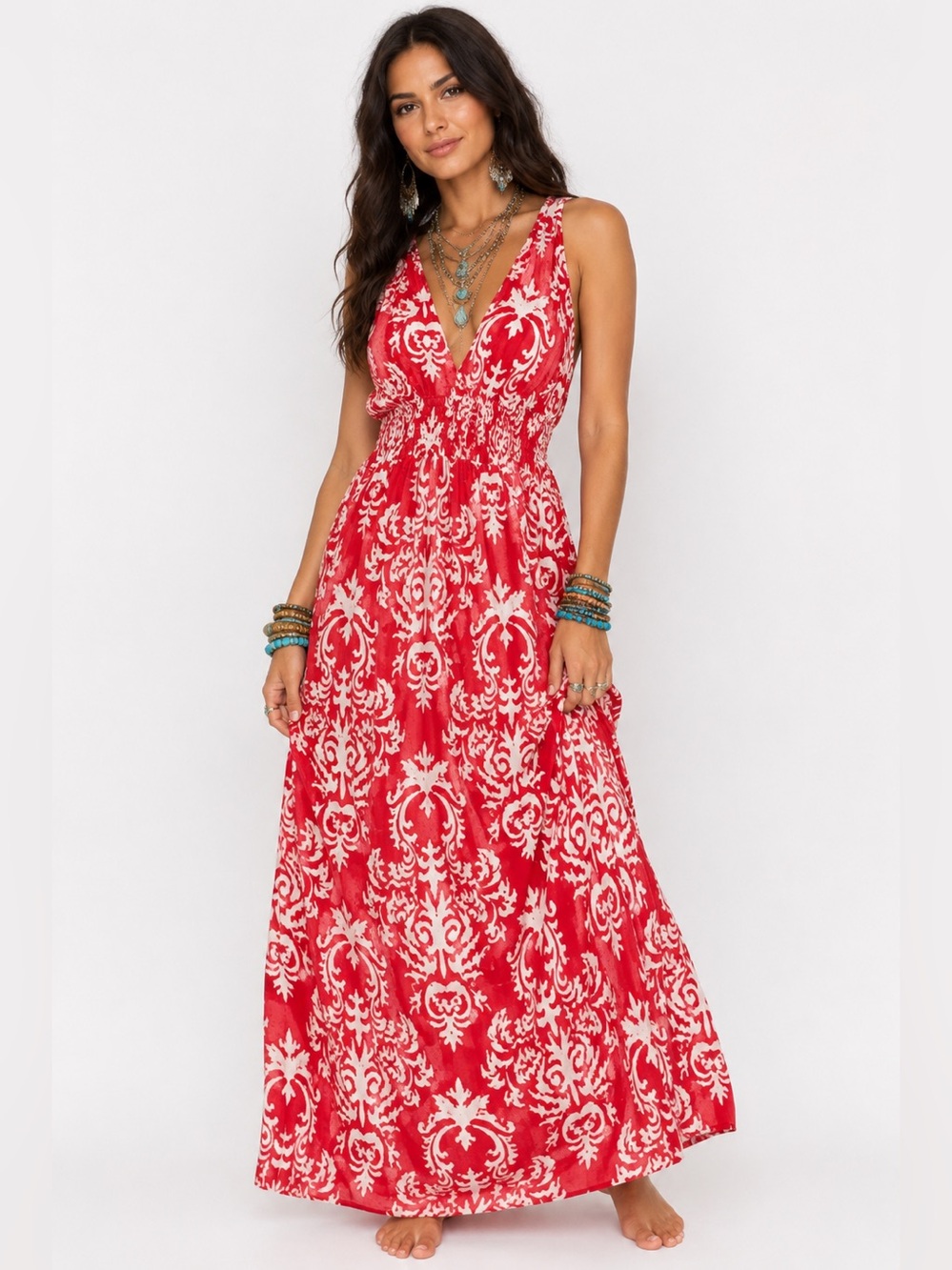 Red Printed V-Neck Maxi Dress